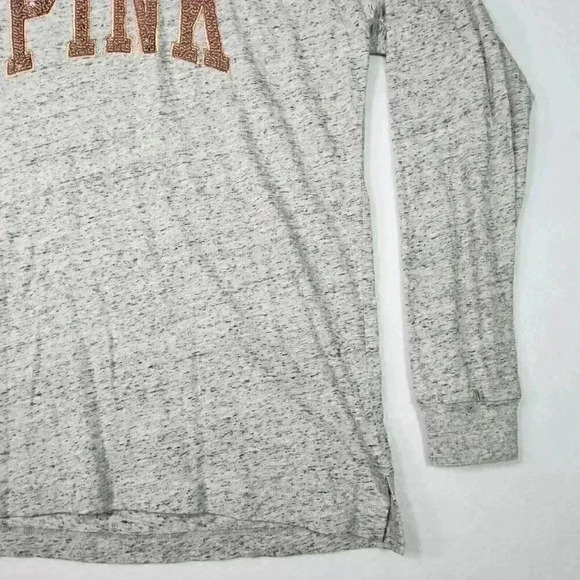 PINK Victoria's Secret Women's Bling T-shirt Small Rose Gold Sequin Logo LS Gray - Picture 5 of 14